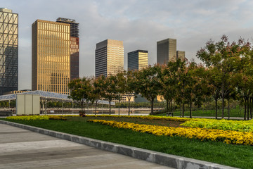 Obraz premium cityscape and skyline of Tianjin from meadow in park
