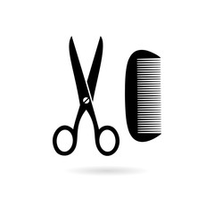Black Comb and scissors icon or logo