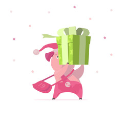 Cute cartoon pig with santa hat and big gift box