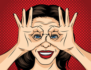Vector pop art comic style illustration of a young woman face. A girl in search of something. The girl crossed her fingers and looks like through binoculars. Face of a brunette with red lipstick