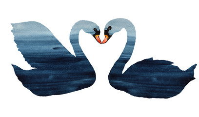 Watercolor indigo swan collection with gold elements, white Indigo silhouettes, flowers, leaves, twigs, wreaths, frames, borders, seamless patterns, ready-made cards, bouquets for weddings, invitation