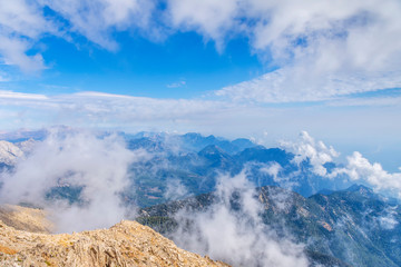 view from the peak of Tahtal mountain with a height of 2365 meters, to the tops of the mountain system of the western Taurus