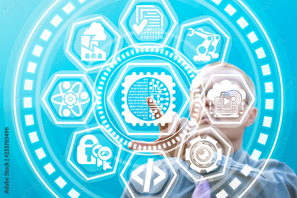 Poster progressive man pushing a digital micro chip button on a virtual panel. nano cyber circuits technolo