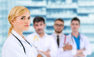 Healthcare people group. Professional doctor working in hospital office or clinic with other doctors, nurse and surgeon. Medical technology research institute and doctor staff service concept.