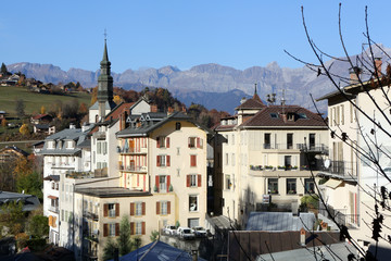 Fototapeta premium Eglise Saint-Gervais et Saint-Protais. Saint-Gervais-les-Bains. / Church of St. Gervais and St. Protais. Saint-Gervais-les-Bains.