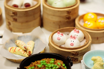 Dim sum in bamboo steamer, animal theme for kids