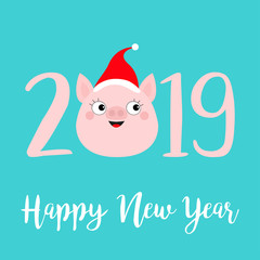 Happy New Year 2019 pink text. Cute pig face head. Red santa hat. Piggy piglet. Chinise symbol. Cartoon funny kawaii smiling baby character. Flat design. Blue background. Isolated.