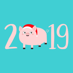 2019 pink text. Cute fat pig in santa hat. Piggy piglet. Happy New Year Chinise symbol. Cartoon funny kawaii smiling baby character. Flat design. Blue background. Isolated.