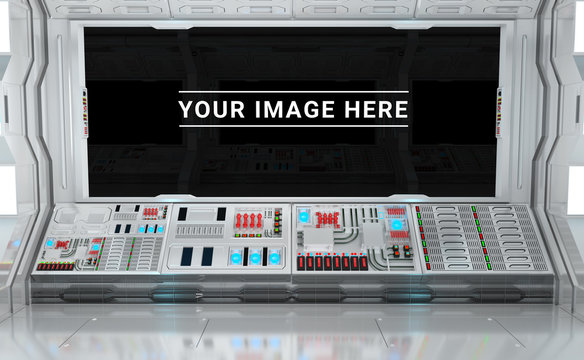 Fototapeta White spaceship interior with large window view 3D rendering