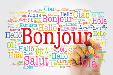 Bonjour (Hello Greeting in French) word cloud in different languages of the world with marker,...