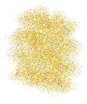 Gold glitter sand frame isolated on white background. Golden texture confetti, sequins, dust spray. Bright pattern design for New Year decoration, Christmas holiday celebration. Vector illuetration