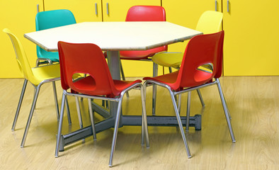 colored chairs of a kindergarten classroom children with wooden