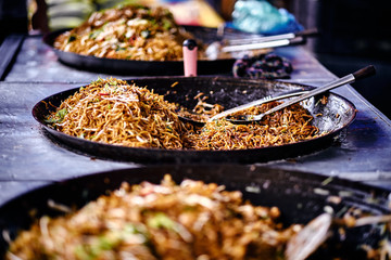 Asian, Indian and Chinese street food. Food court on local market of Langkawi island, Malaysia..Traditional asian street food.