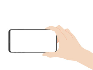 Hand hold new powerful Smart Phone new design advance technology with high resolution display, finger hand catch, business device concept, isolated on white background flat vector.