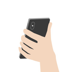 Hand hold new powerful Smart Phone new design advance technology with high resolution display, finger hand catch, business device concept, isolated on white background flat vector.