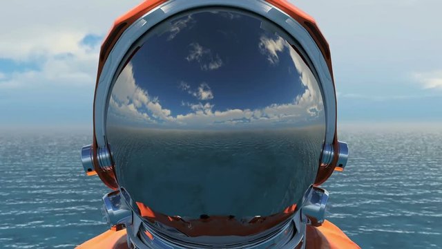 reflection in the helmet of an astronaut falling to the Earth, aerial view