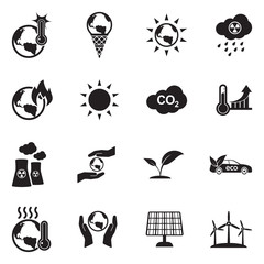 Global Warming Icons. Black Flat Design. Vector Illustration. 
