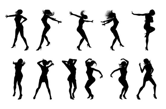 A set of woman dancers dancing in silhouette