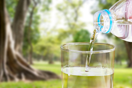 Pouring of clear drink water from bottle into the glass on blurred green nature background with copy space for text.