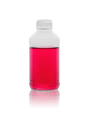 glass small bottle with medication of a pink tsvetan on a white background with reflection