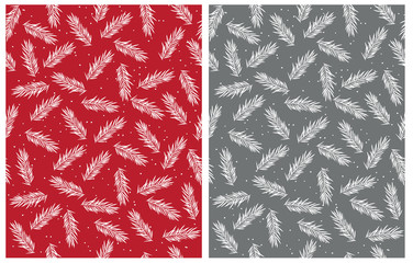 Abstract Christmas Tree Twigs Seamless Vector Patterns. Red and Gray Background. Simple Lovely Repeatable Design. White Twigs with Dots.