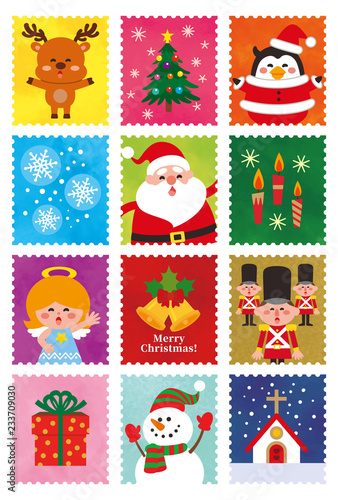 かわいいクリスマスの切手セット ベクターイラスト素材 Wall Mural Popdot