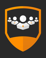 Protection logo. Team logotype design. Group people. Secure icon. Five chcracters and shield.