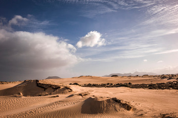 Low sun late afternoon, in the natural park,Corralejo,Fuerteventura,Canary Islands,Spain.