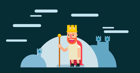 Colorful flat character design. Wizard with red cape. King with staff. Funny man with red beard.