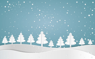 Forest of winter season,Paper vector Illustration.