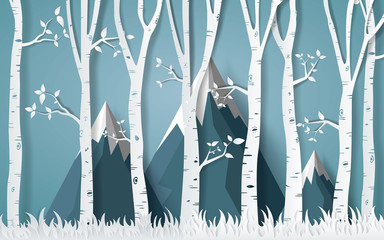 Forest of winter season,Paper vector Illustration.