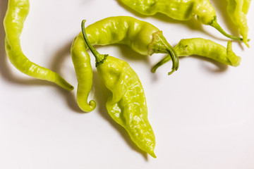 Closeup of fresh Green Chilies (Green Pepper) in white background
