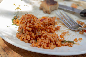 close-up shoot of red tomato rice on the plate half eaten