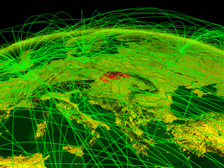Slovakia on digital planet Earth with international network representing communication, travel and connections.