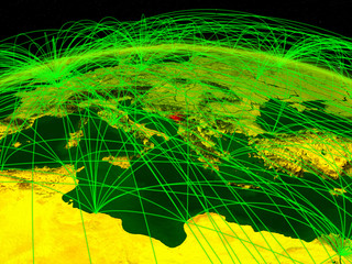 Naklejka premium Montenegro on digital planet Earth with international network representing communication, travel and connections.