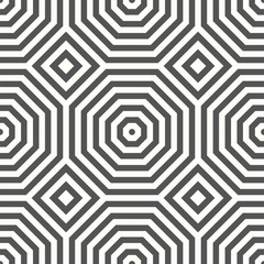 Seamless pattern with black white striped octagons and squares. Concentric figures.