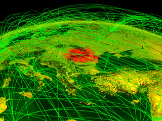Romania on digital planet Earth with international network representing communication, travel and connections.