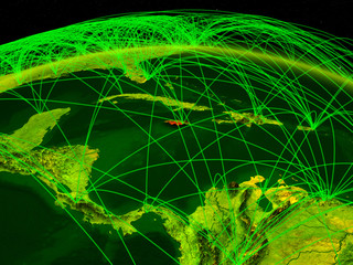 Jamaica on digital planet Earth with international network representing communication, travel and connections.