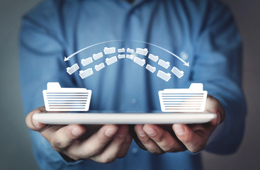 Copy files, data exchange. Files transfer. Fast file transfer management