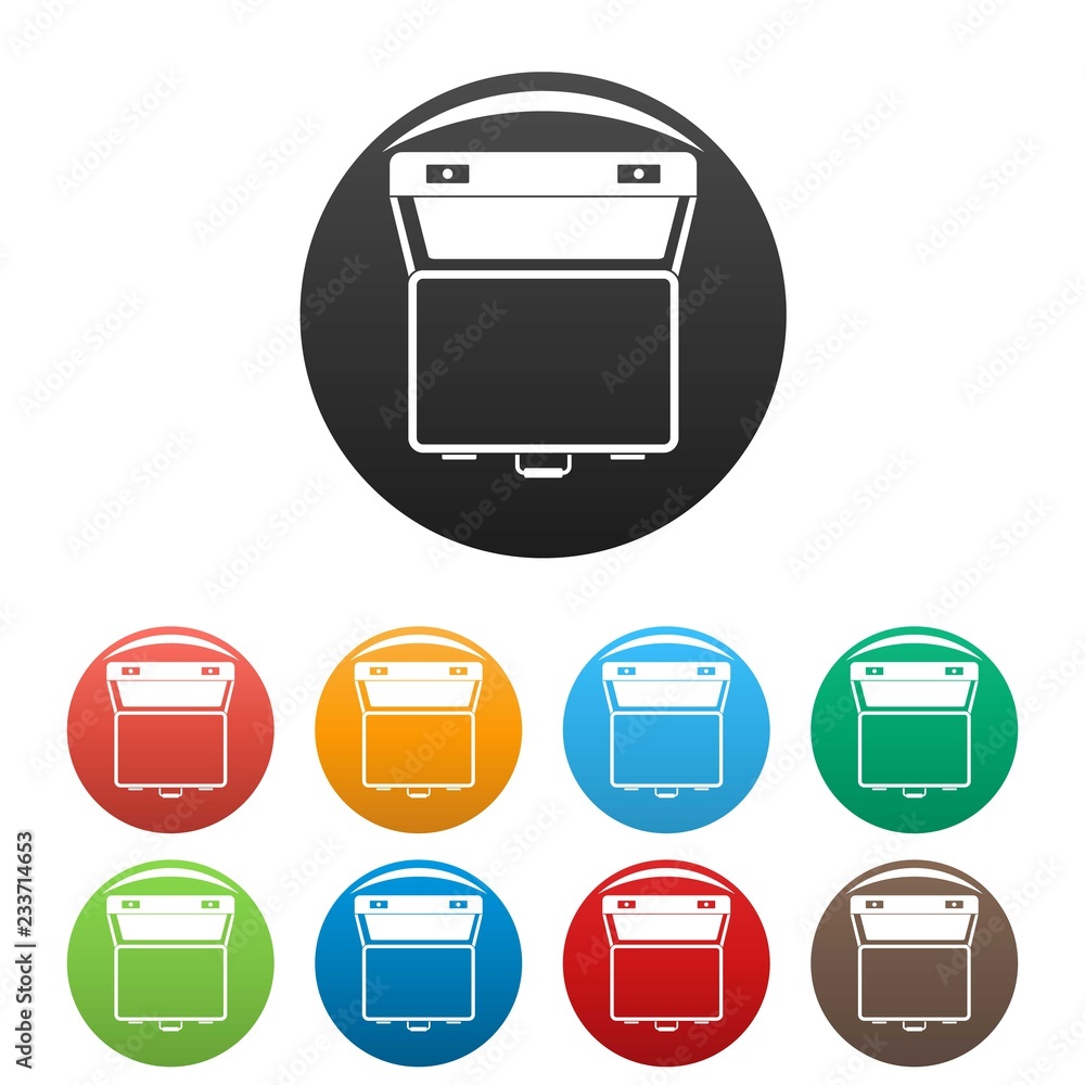 Poster open suitcase icons set 9 color vector isolated on white for any design