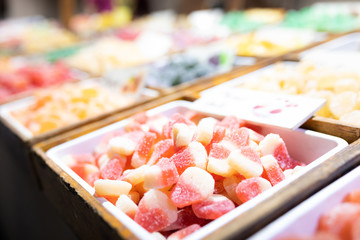 Bright colored jelly candies, sweets with sugar tasty