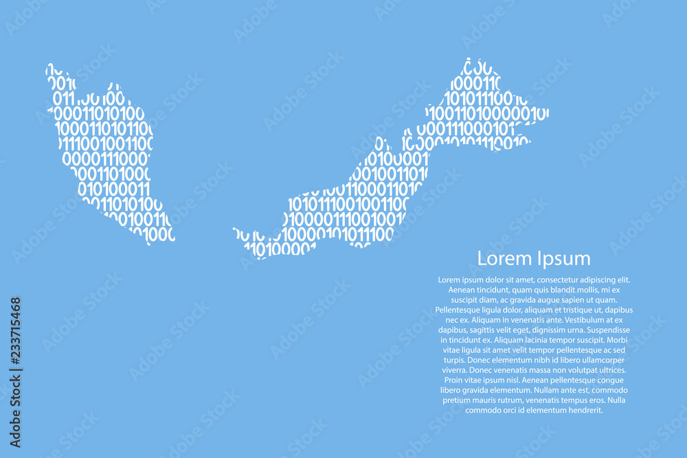 Fototapete malaysia map abstract schematic from white ones and zeros binary digital code on light blue backgrou