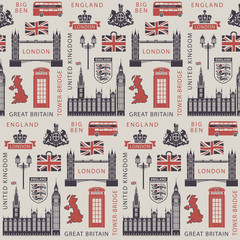 Vector seamless Background on UK and London theme with British symbols, architectural landmarks and flag of the United Kingdom in retro style. Can be used as wallpaper or wrapping paper