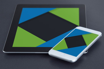 Smartphone and Tablet Device Mockup on Anthracite Gray Background