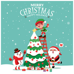 Vintage Christmas poster design with vector Santa Claus, snowman, elf characters.