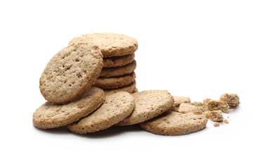 Oatmeal cookies with crumbs isolated on white background