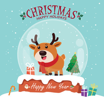Vintage Christmas poster design with vector Reindeer, Santa Claus, snowman, elf characters.