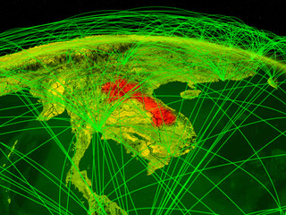 Laos on digital planet Earth with international network representing communication, travel and connections.