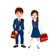 Cartoon Vector Illustration of a shool boy and girl with Backpacks. Vector illustration isolated white background.
