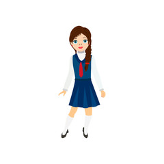 Cute girl in school uniform, vector icon for  invitation, card, banner, interior design. Vector isolated cartoon illustration.